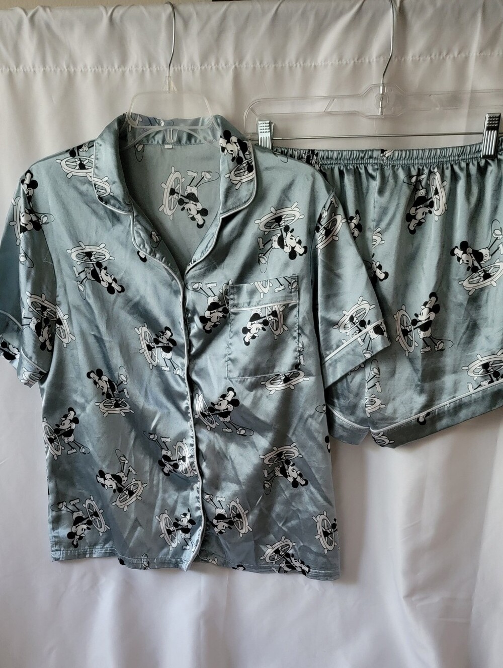 Women's Light Blue Satin Short Sleeve Pajama Set
